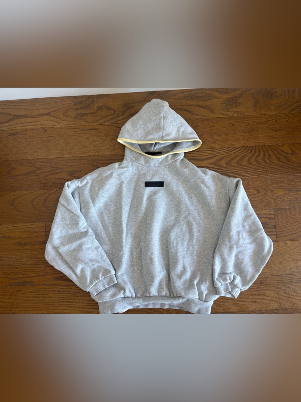 Essentials Light Gray Crewneck Hoodie with Yellow Hood Trim